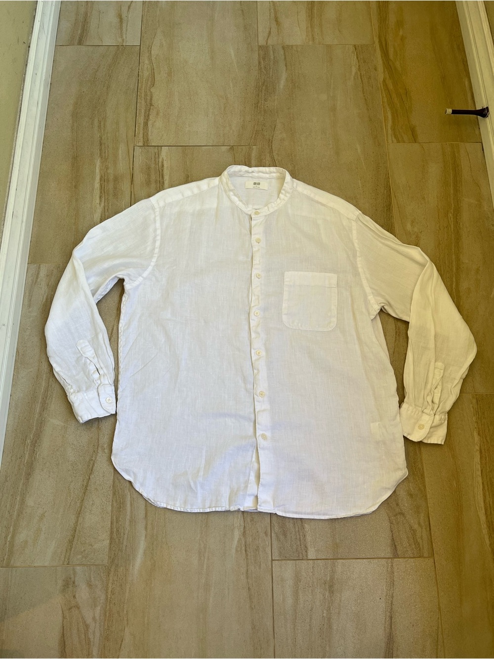 Uniqlo White Linen Casual Band-Collar Button-Down Shirt